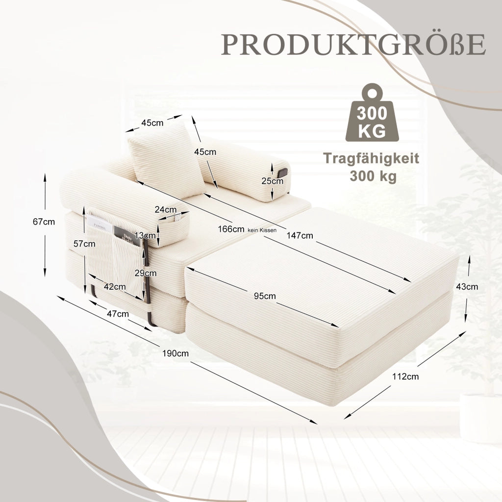 DIVANO modulare in corduroy 112x190x67 cm beige con pouf