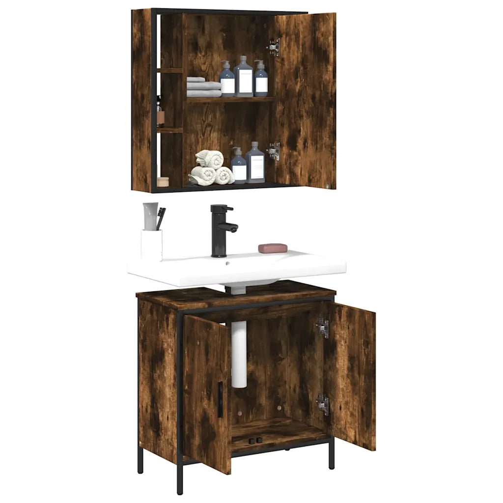 Set Mobili da Bagno 2 pz Rovere Fumo in Legno Multistrato