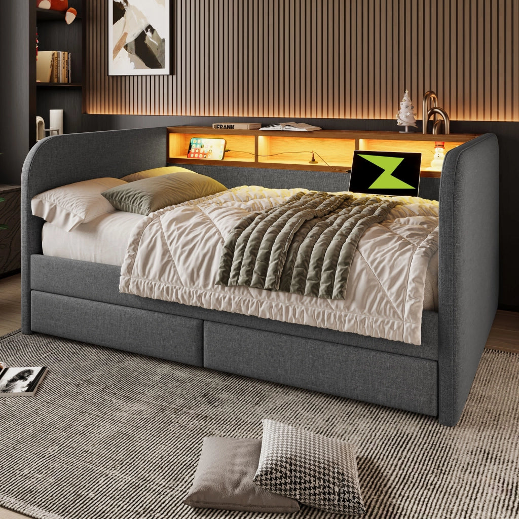 LETTO Imbottito 140x190 cm Grigio in Lino con LED, USB e 2 Cassetti