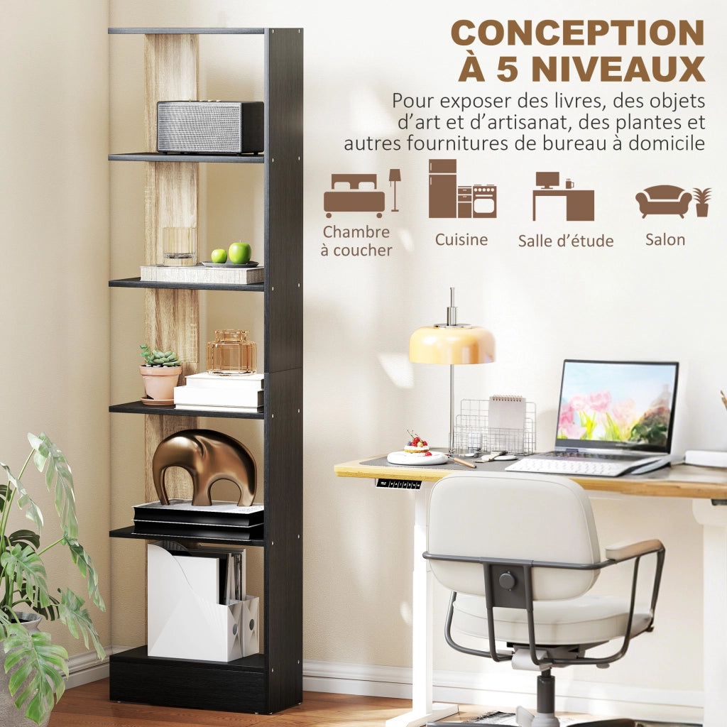 Libreria a 5 Ripiani Aperti ¨C zephmum ¨C Nero e Quercia 45x21x170 cm