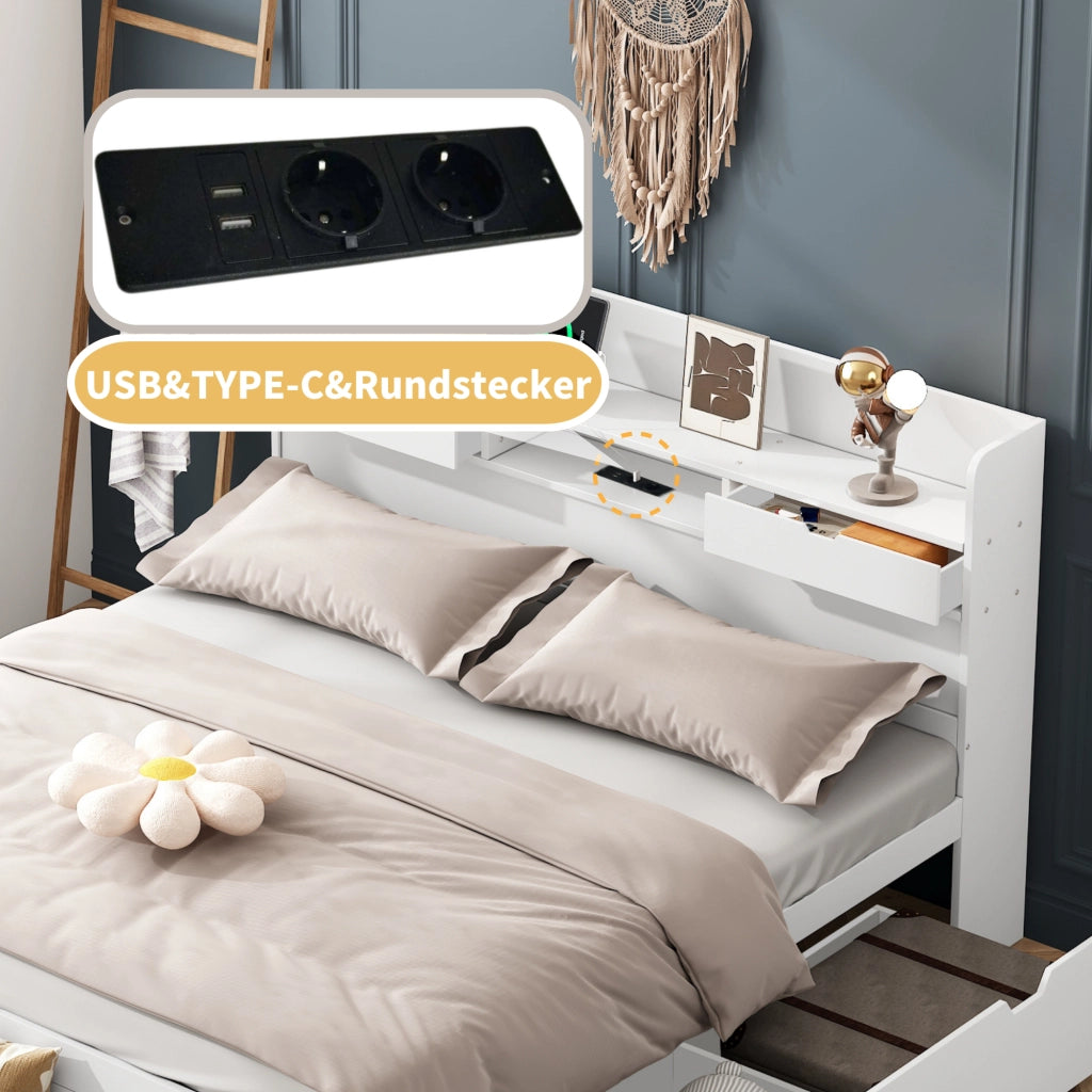 Letto matrimoniale bianco in pino con USB e cassetti 140x200 cm