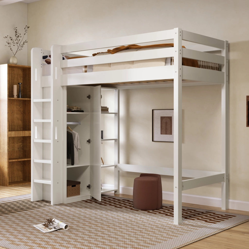 Letto a Soppalco 90x200 cm; Letto Singolo - Armadio e 6 Ripiani - Legno - Bianco