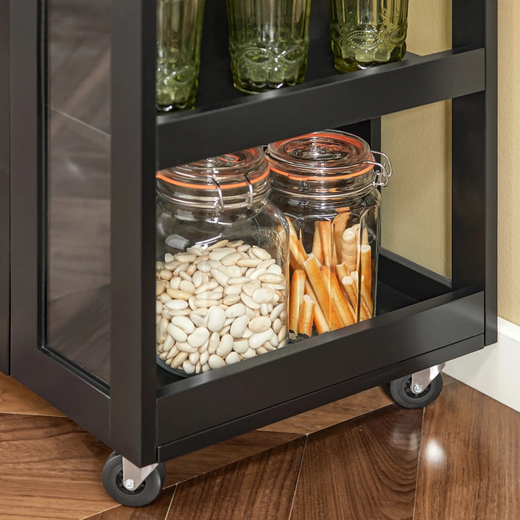Carrello Cucina Credenza Bianca Con Armadio e portabottiglie Nero FKW75-SCH