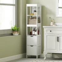 Mobile Bagno con 3 Ripiani Aperti e 2 Cassetti in Legno, 30x30x141.2 cm, Bianco