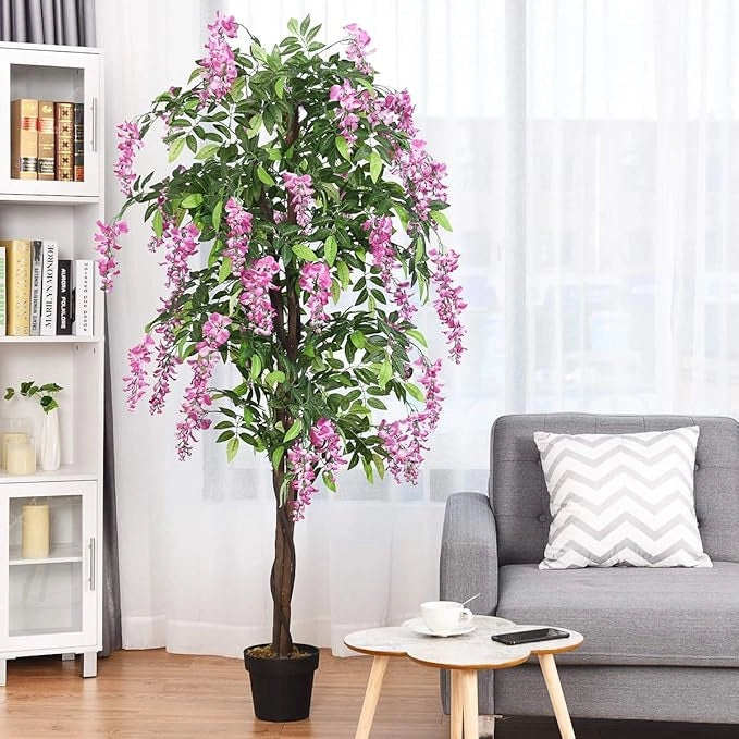 Pianta Finta da Interno da 180 cm, Albero Artificiale con Fiori Fiori Glicine Elegante in Vaso, Pianta Artificiale per Salotto, Camera da Letto e Balcone