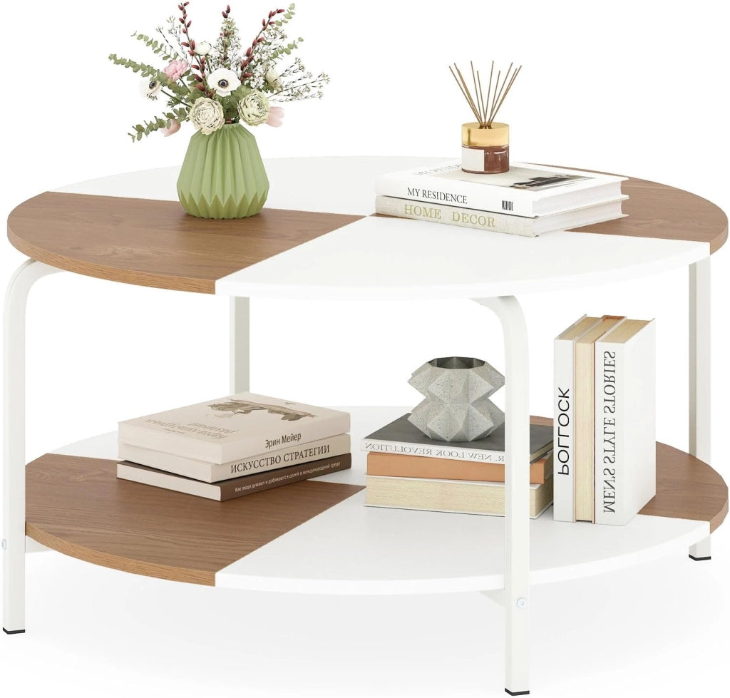 Tavolino da Caffè Rotondo, Tavolino da Salotto a 2 Piani con Struttura in Metallo e Gambe Rialzate, Tavolo da Divano Basso Moderno per Soggiorno e Ufficio, 80 x 80 x 42 cm, Bianco e Naturale