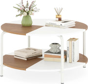 Tavolino da Caffè Rotondo, Tavolino da Salotto a 2 Piani con Struttura in Metallo e Gambe Rialzate, Tavolo da Divano Basso Moderno per Soggiorno e Ufficio, 80 x 80 x 42 cm, Bianco e Naturale