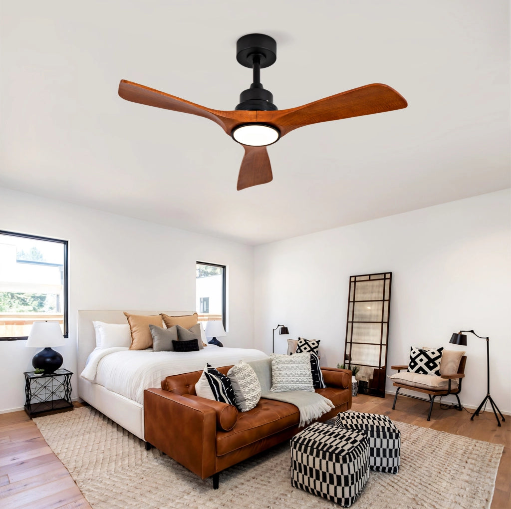 Ventilatore da soffitto con luce 42 pollici; 3 pale in legno noce; nero e noce scuro