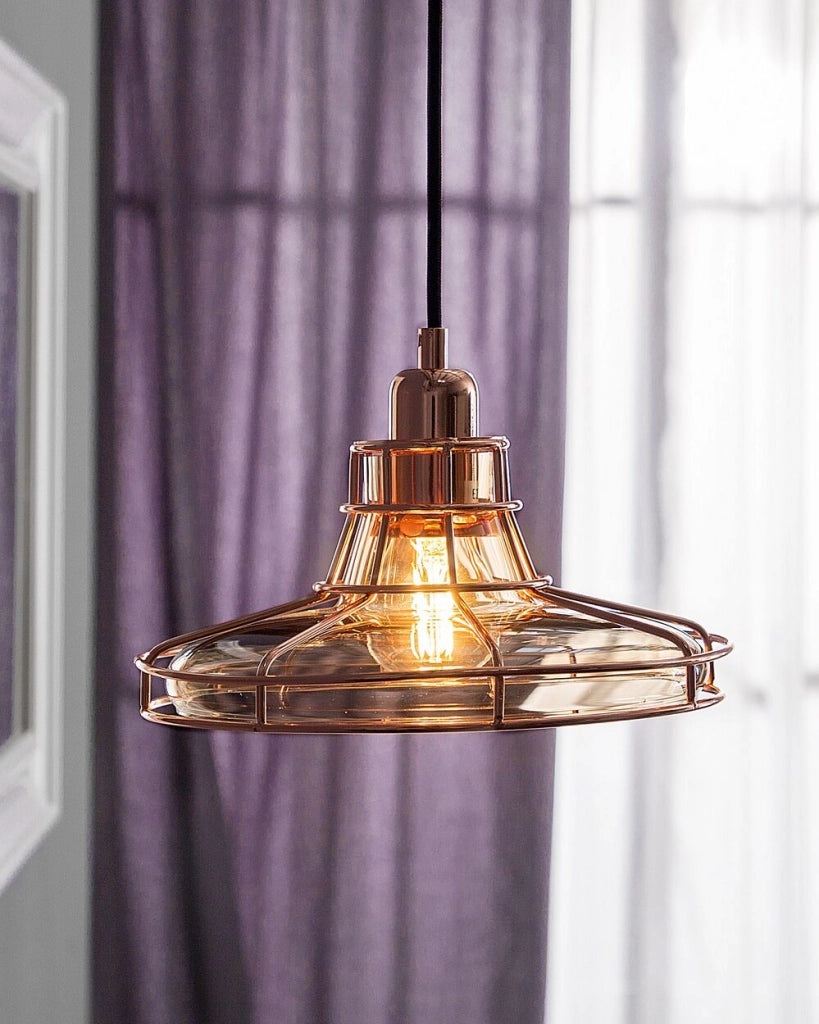 Lampada a Sospensione Gabbia in Rame Paralume in Vetro lampadario in Stile Vintage Antico