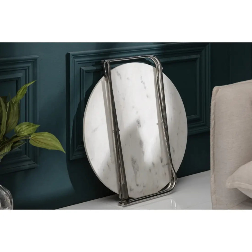 Tavolino basso rotondo VINTORA in marmo bianco e metallo argentato – tavolino pieghevole di design moderno ed elegante