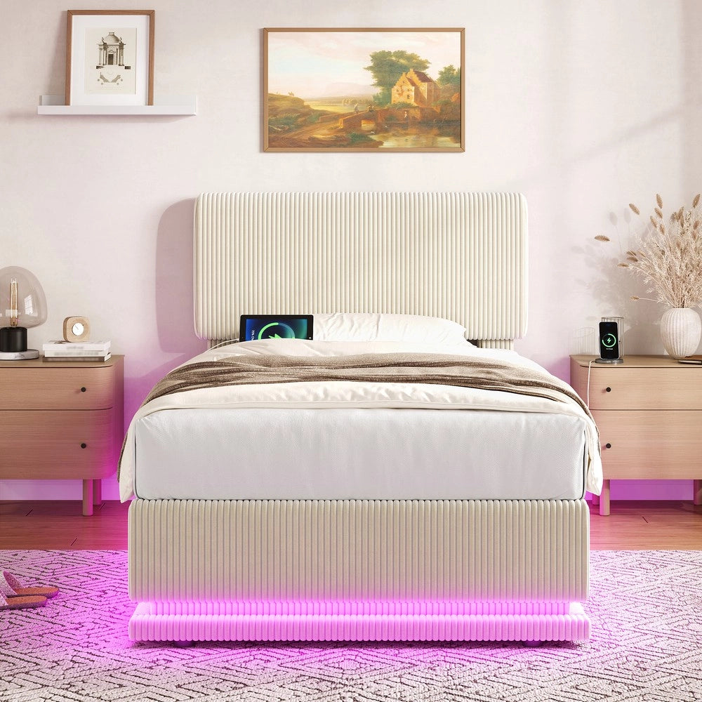 Letto Imbottito con LED, USB-C, Testiera Regolabile e Contenitore ¨C MINIMAL ¨C Velluto a Coste, 90x200, Beige