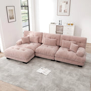 Divano angolare modulare con seduta profonda e pouf movibili con cuscini lombari effetto nuvola in chenille rosa