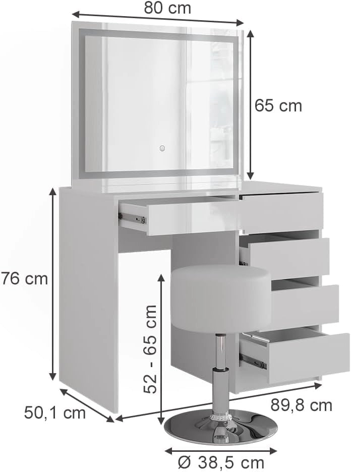 Tavolo da toeletta Sherry, Bianco/bianco lucido, 89.8 cm con specchio LED e sgabello