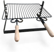 Griglia in ferro regolabile su più altezze, bistecchiera con manici in legno, per barbecue e camino per carne pesce verdure 40x36 cm