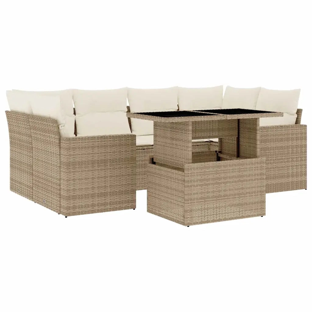 Set Divani da Giardino 7 pz con Cuscini Beige in Polyrattan