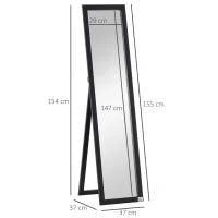 Specchio da Terra e Parete con Supporto Richiudibile e Cornice in MDF, 37x48x152cm, Nero