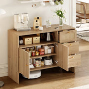 Madia Credenza in Legno con 2 Ante, 3 Cassetti in Rattan Intrecciato e Maniglie Dorate, 105x40x76 cm