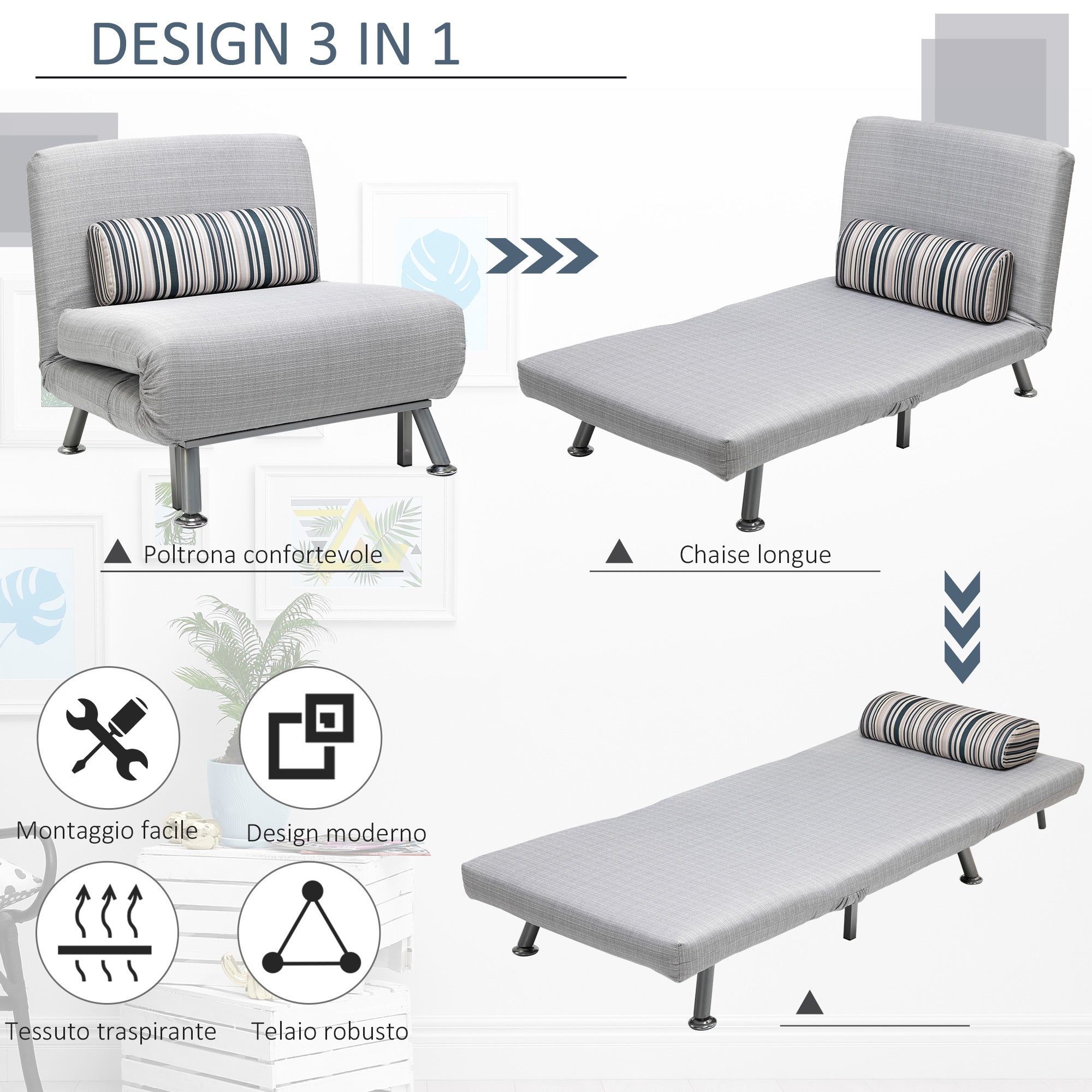 Easycomfort Poltrona Letto Singolo, Poltrona con Materasso e Cuscino Imbottito Sfoderabili - Schienale Regolabile 90-180° e Telaio in Metallo - 75x70x75 cm, Grigio