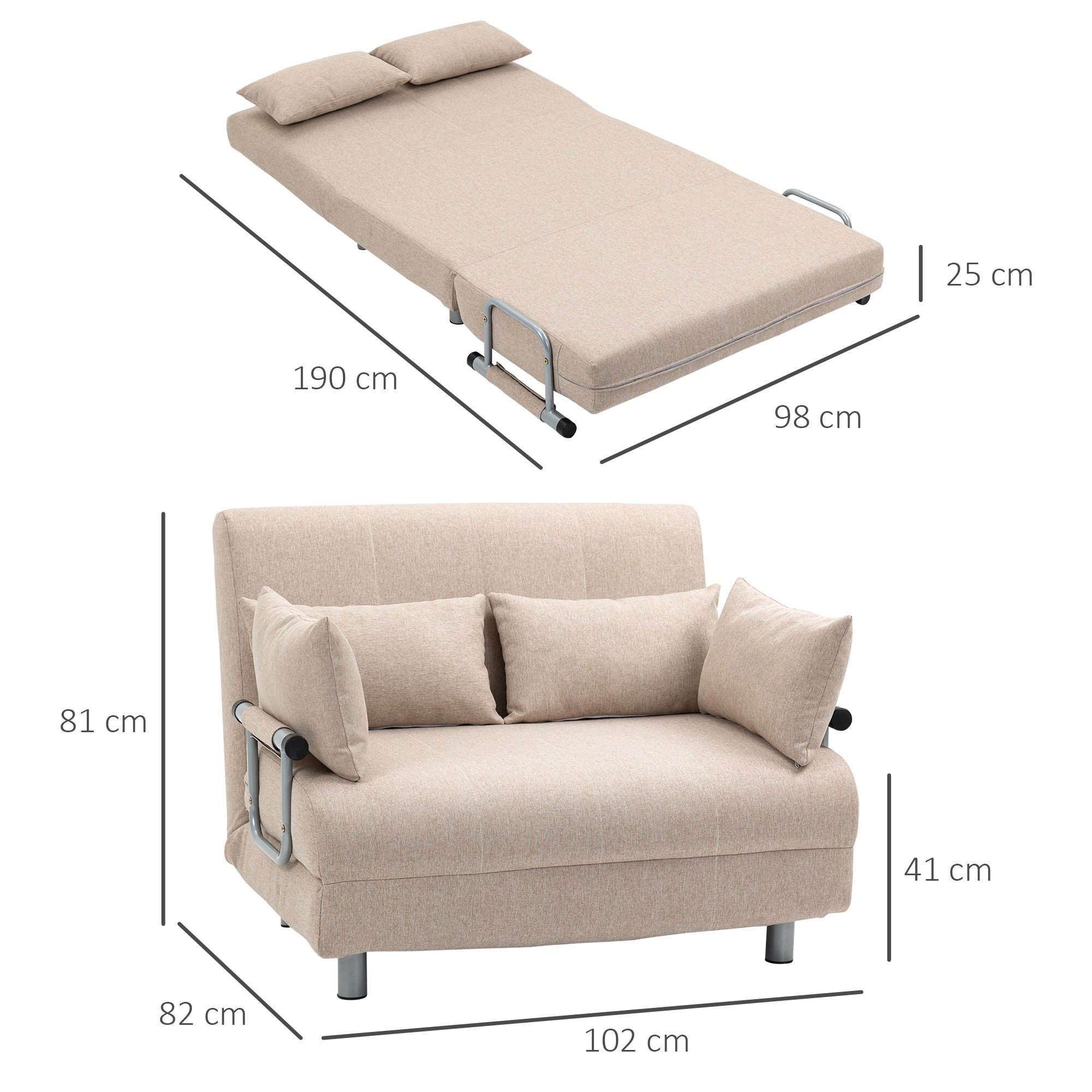 Easycomfort Divano Letto 2 Posti 3 in 1 Convertibile in Poltrona Reclinabile e 4 Cuscini, 102x82x81 cm, Beige