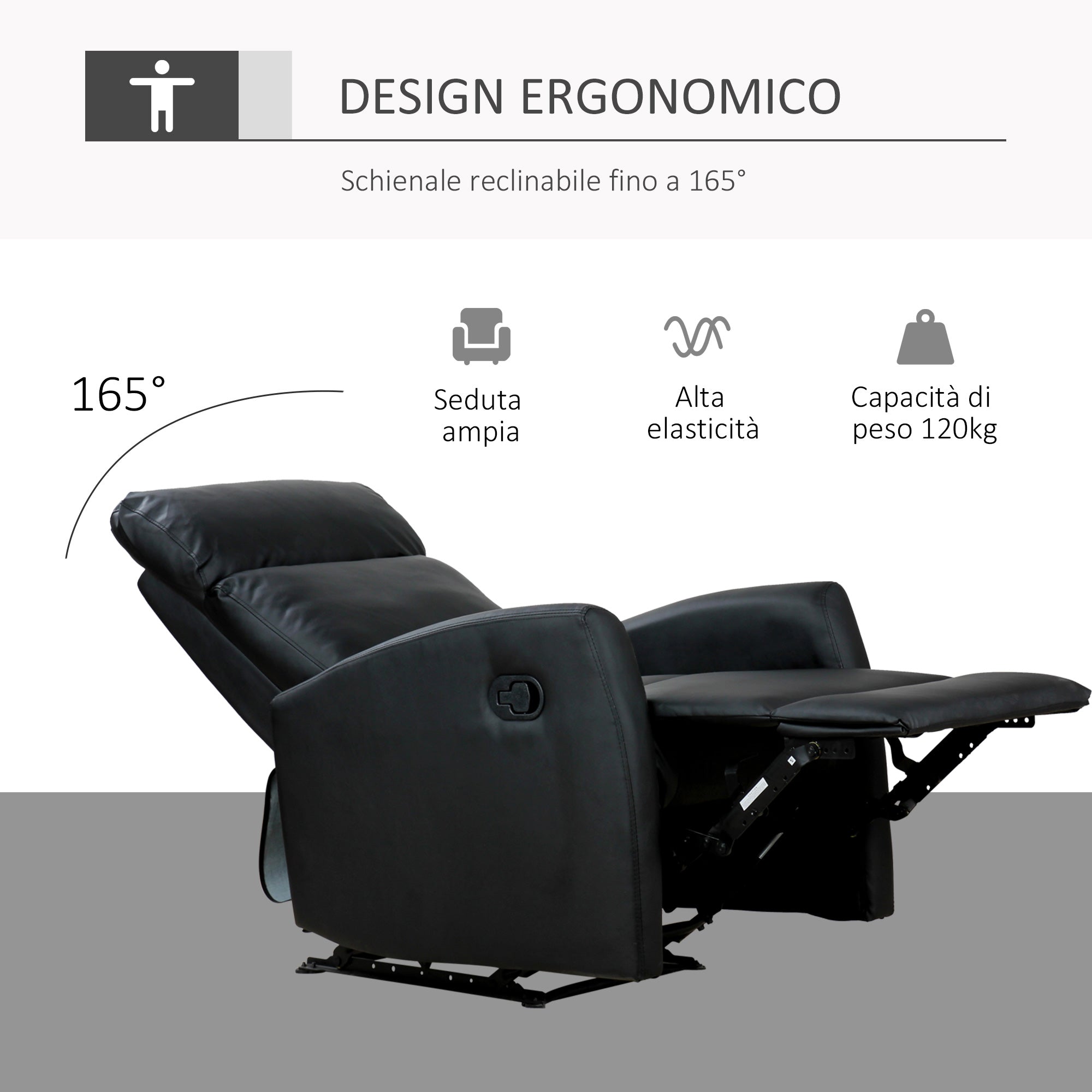 Easycomfort Poltrona Relax Reclinabile, Regolabile ed Ergonomica, in Pelle PU con Imbottitura, per Casa e Ufficio, 65x92x100 cm, Nera
