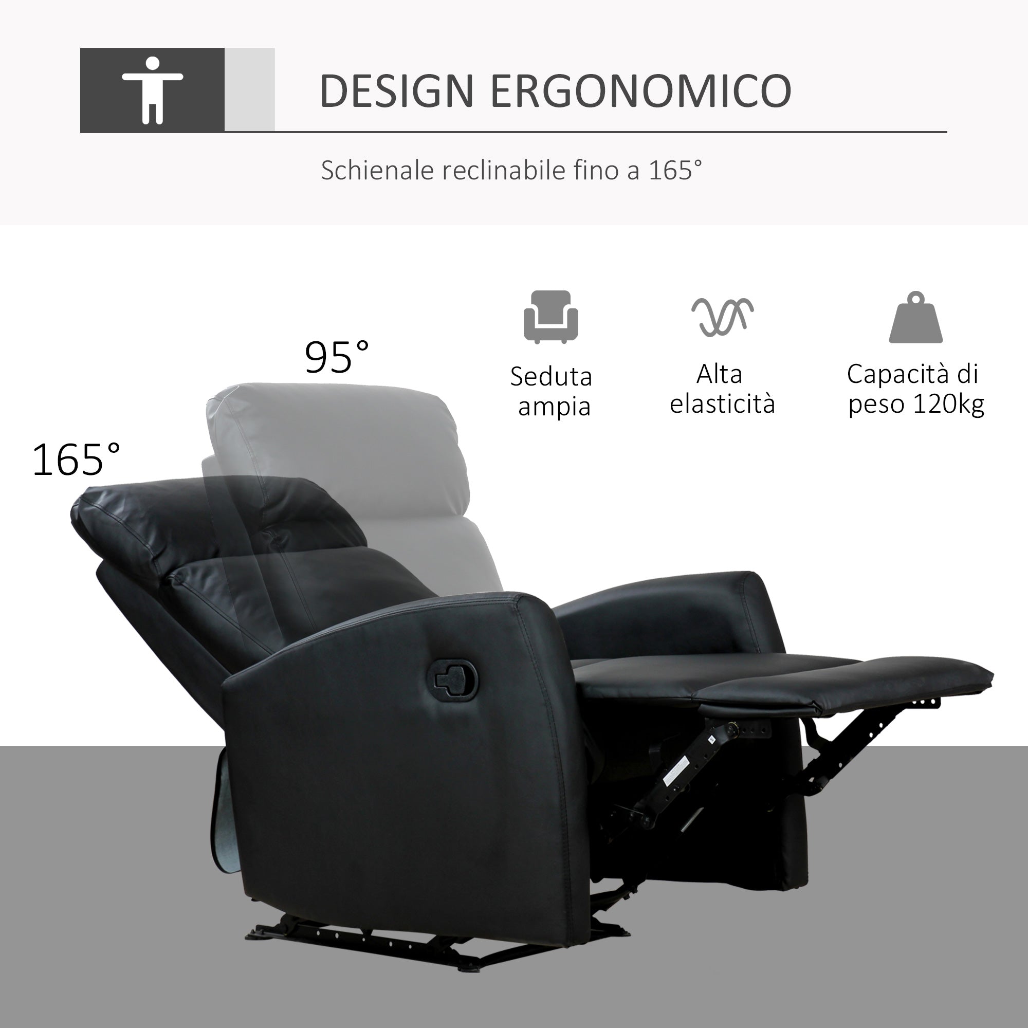 Easycomfort Poltrona Relax Reclinabile, Regolabile ed Ergonomica, in Pelle PU con Imbottitura, per Casa e Ufficio, 65x92x100 cm, Nera
