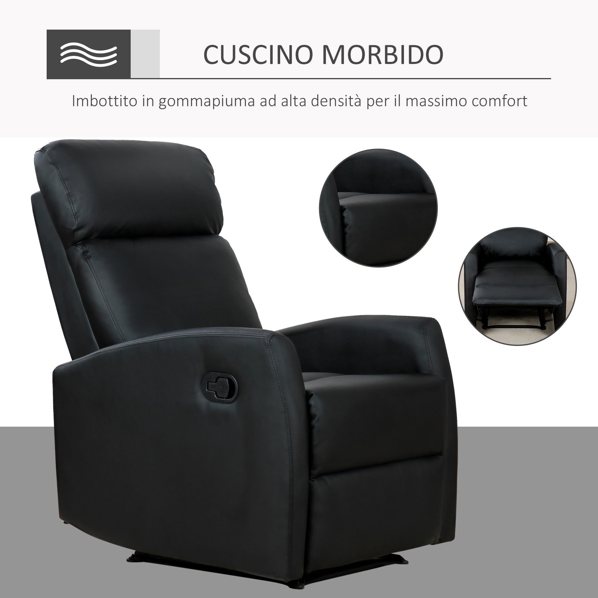 Easycomfort Poltrona Relax Reclinabile, Regolabile ed Ergonomica, in Pelle PU con Imbottitura, per Casa e Ufficio, 65x92x100 cm, Nera