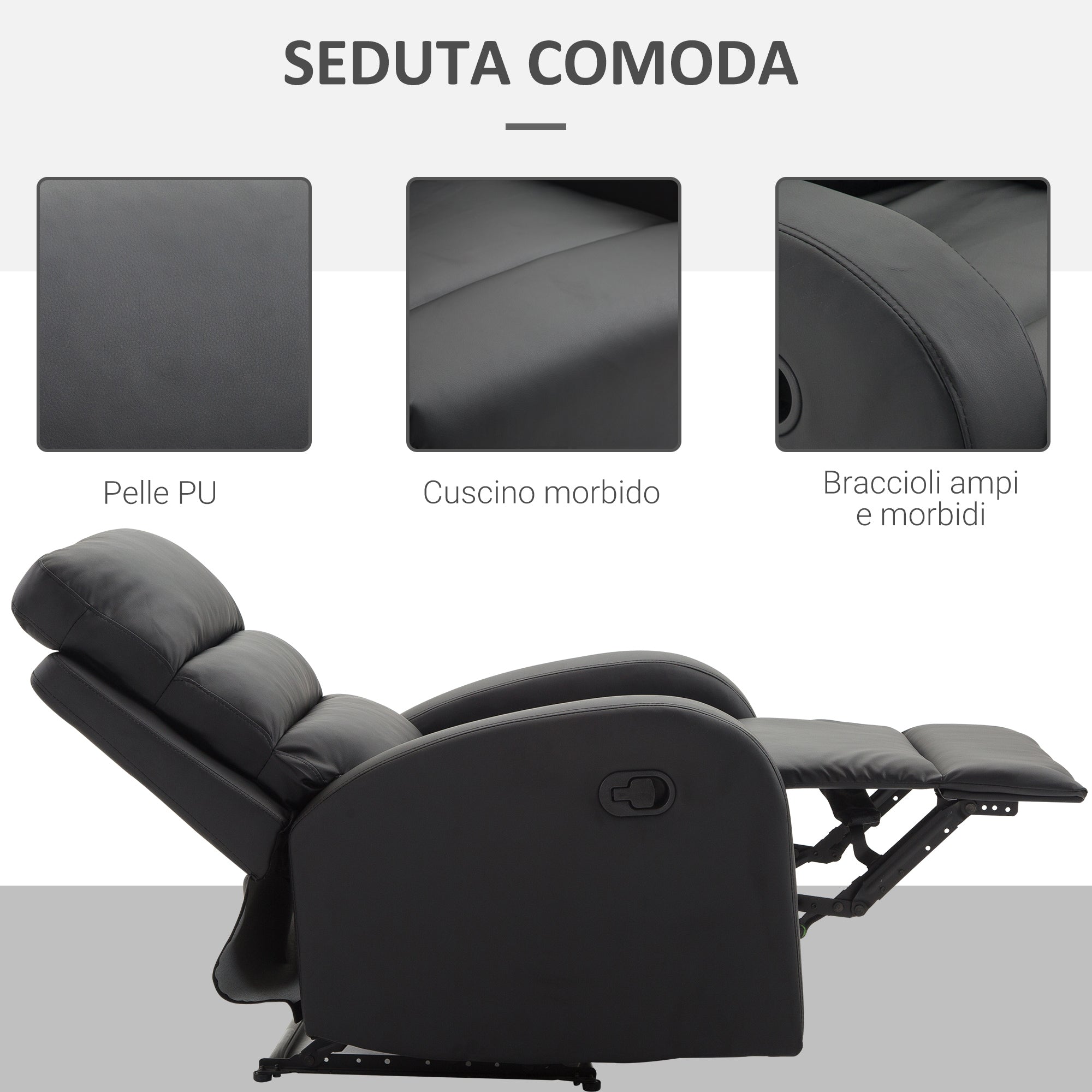 Easycomfort Poltrona Relax Reclinabile con Seduta Imbottita e Poggiapiedi, per Casa e Ufficio, in Pelle PU, 80x91x102 cm, Nera