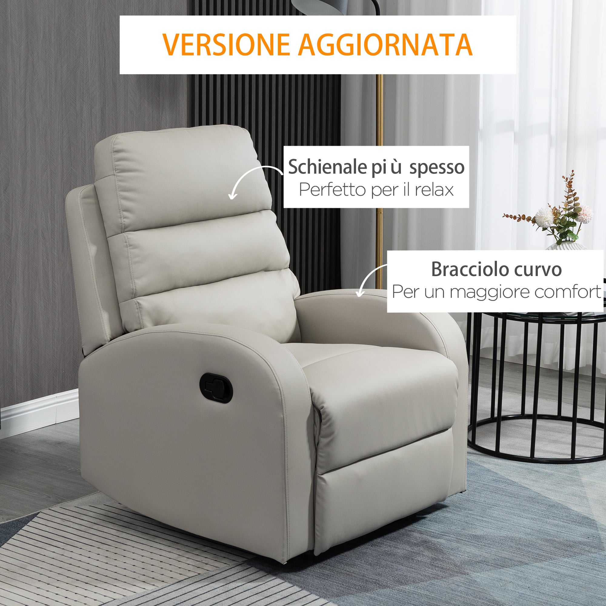 EASYCOMFORT  Poltrona Relax Reclinabile con Seduta Imbottita e Poggiapiedi per Casa e Ufficio, 80x91x102 cm, Grigio