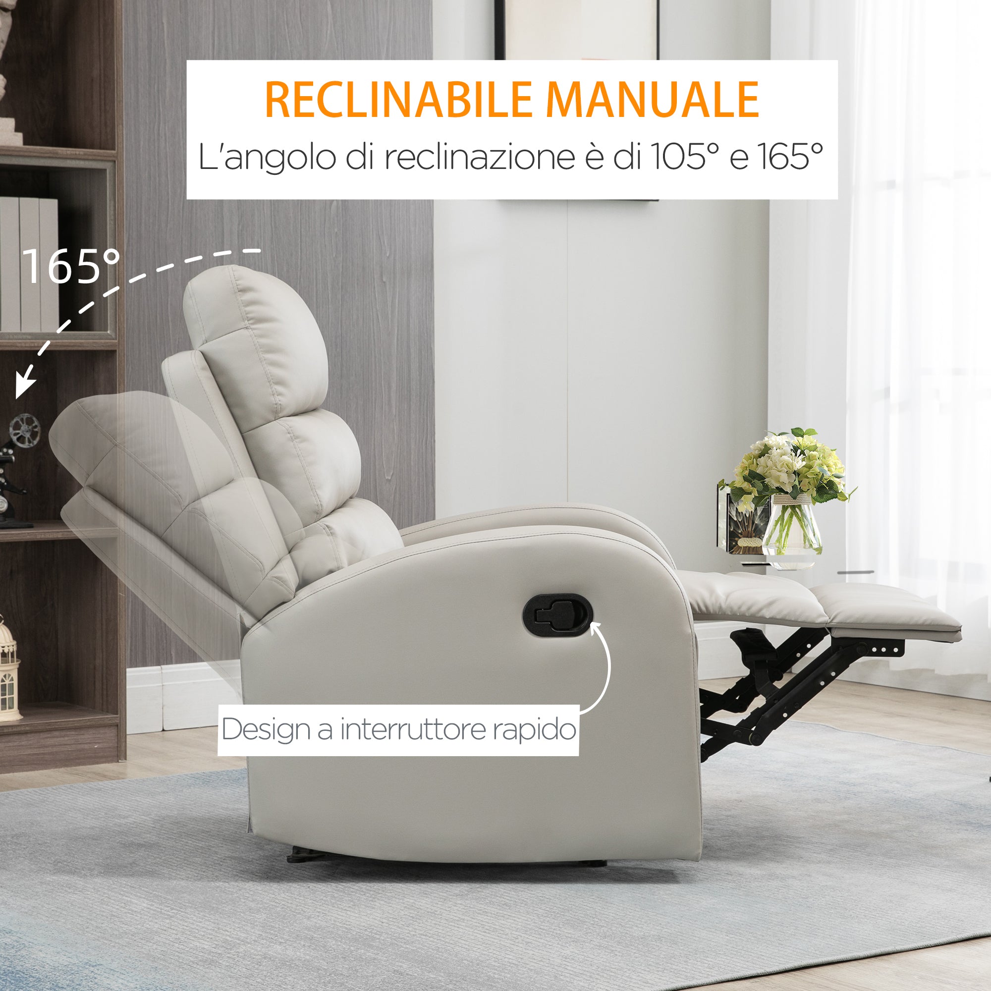 EASYCOMFORT  Poltrona Relax Reclinabile con Seduta Imbottita e Poggiapiedi per Casa e Ufficio, 80x91x102 cm, Grigio