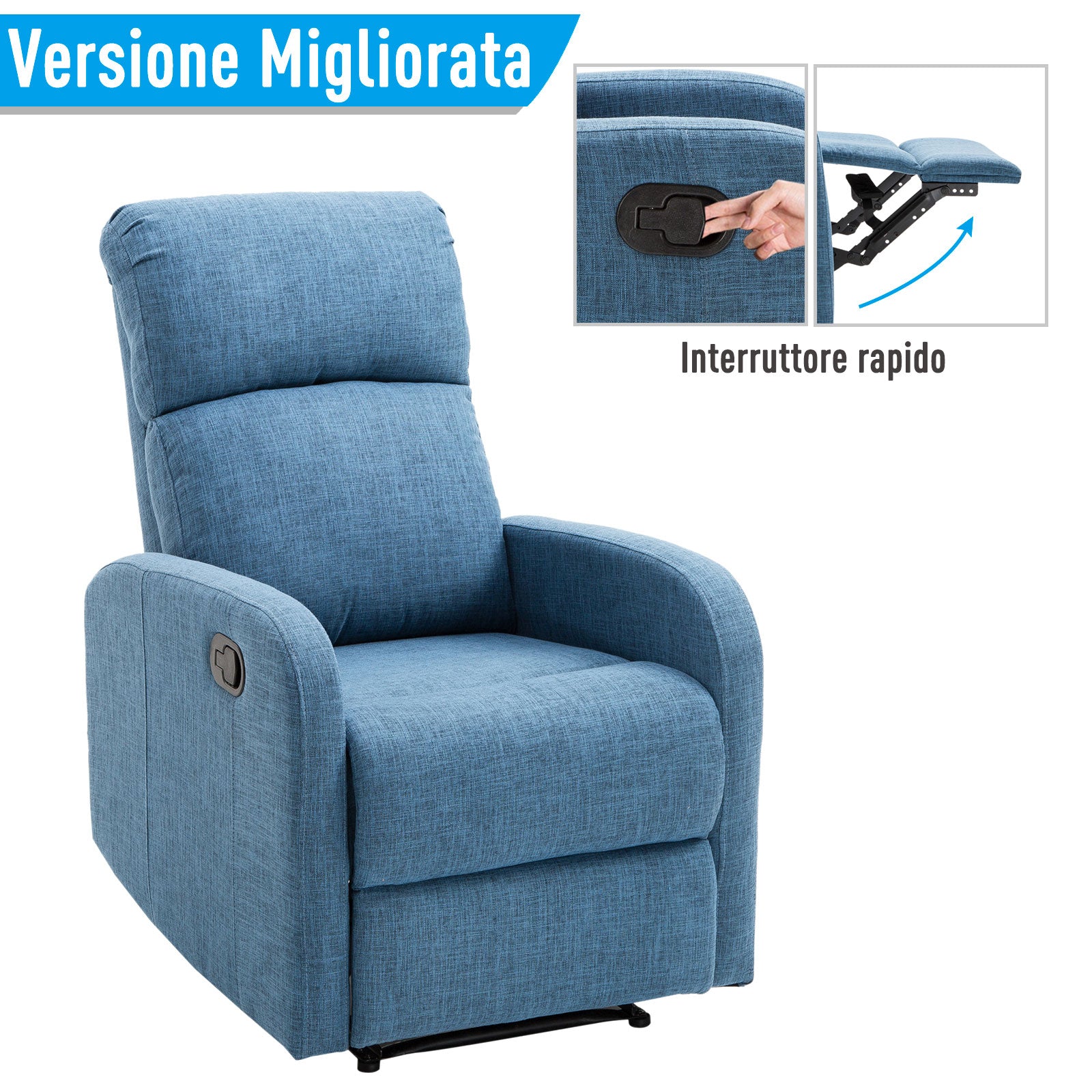 Easycomfort Poltrona Relax Reclinabile Manuale con Poggiapiedi Portata 125kg Tessuto di Lino 67 × 83 × 107cm Blu