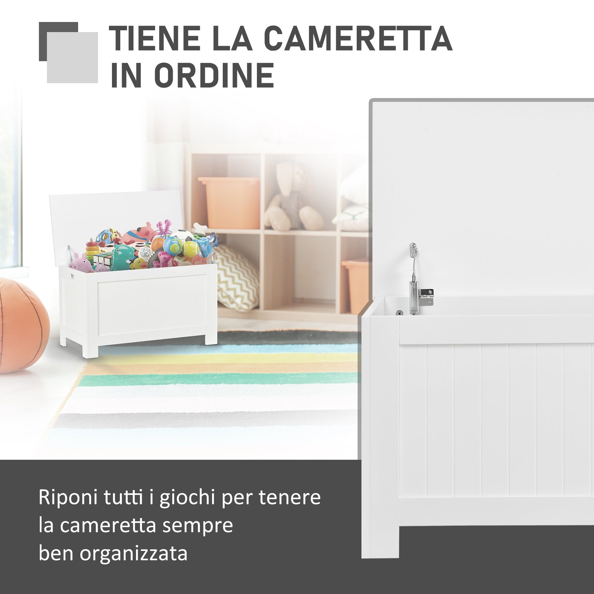 Easycomfort Panca Contenitore Multiuso in Legno MDF, 2 Maniglie e Apertura con Blocco di Sicurezza, 81x40x46cm, Bianco