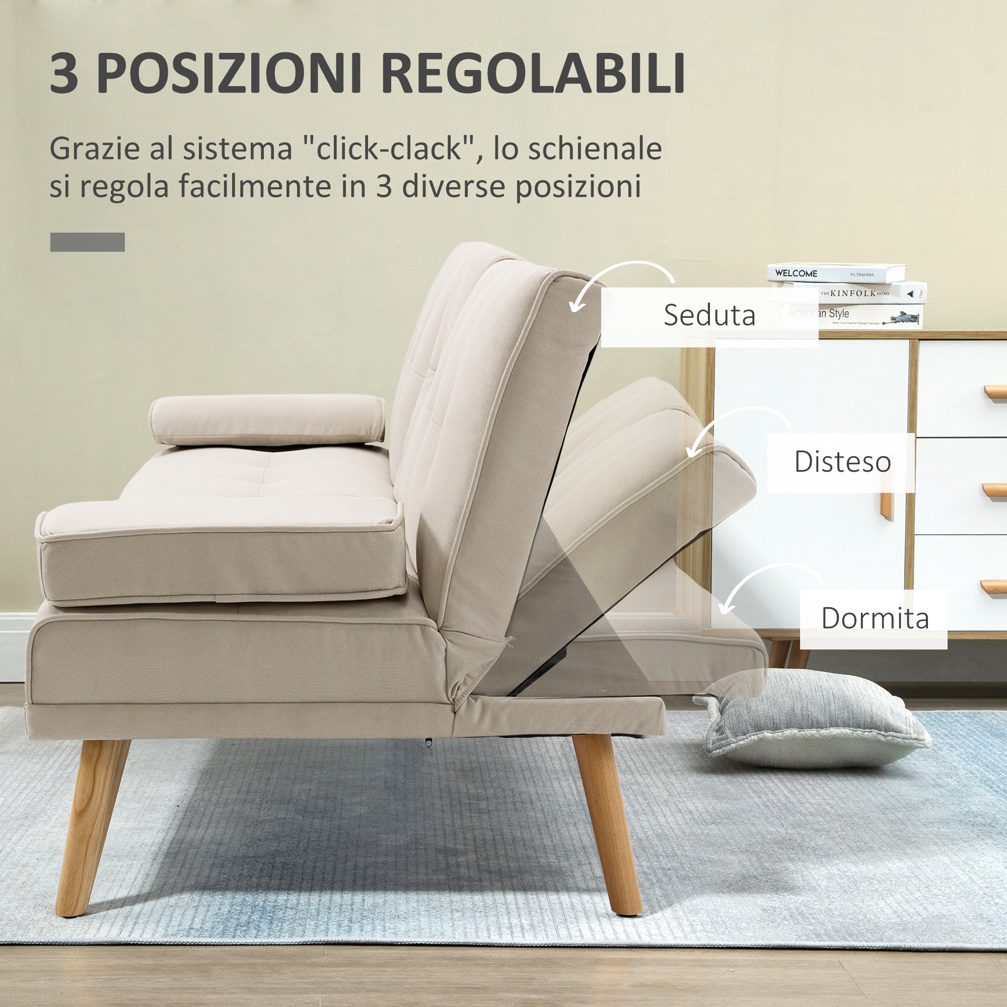 Easycomfort Divano Letto 3 Posti Reclinabile con Rivestimento Effetto Lino e Tavolino a Ribalta, Beige