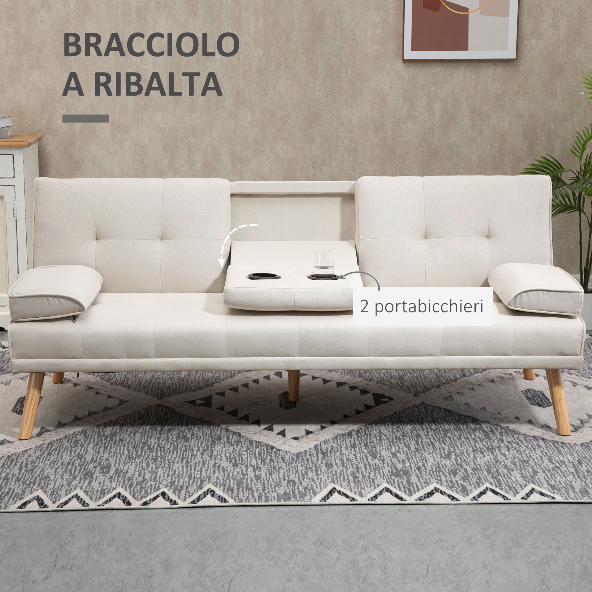 Easycomfort Divano Letto 3 Posti Reclinabile con Rivestimento Effetto Lino e Tavolino a Ribalta, Beige