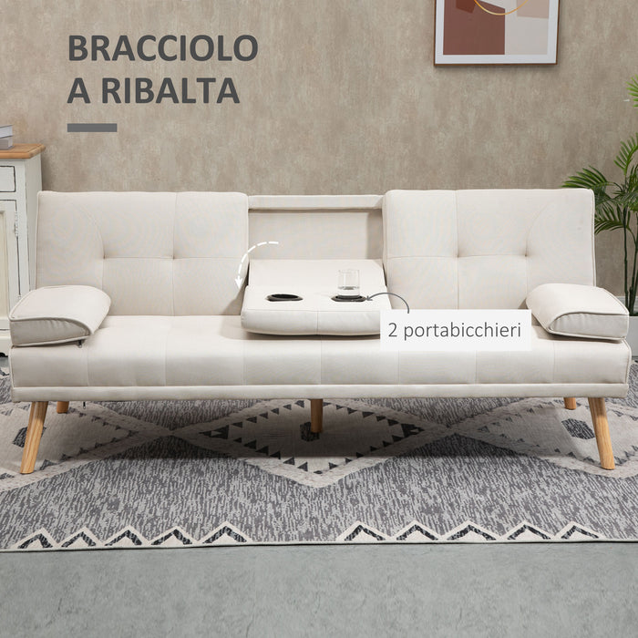 Easycomfort Divano Letto 3 Posti Reclinabile con Rivestimento Effetto Lino e Tavolino a Ribalta, Beige