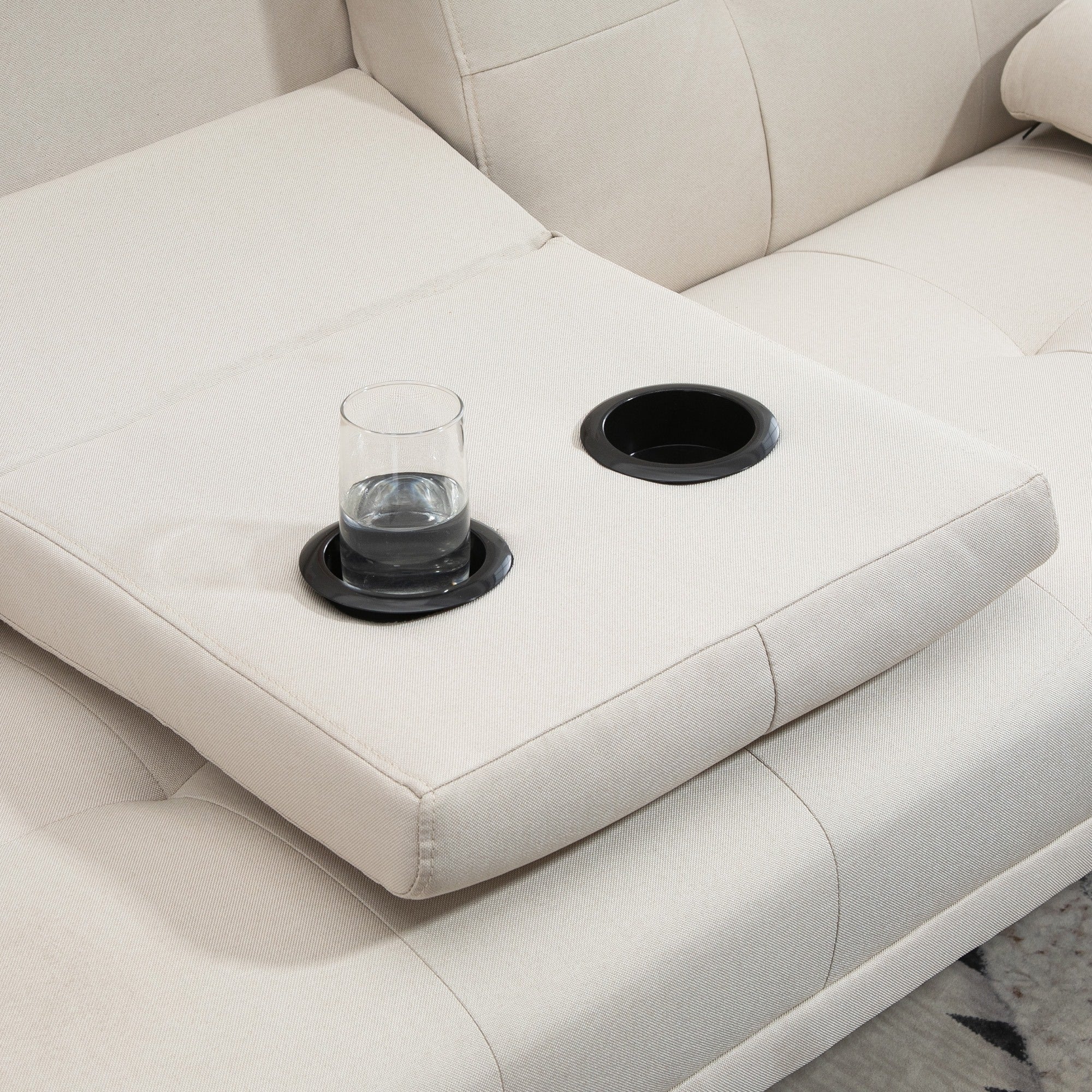 Easycomfort Divano Letto 3 Posti Reclinabile con Rivestimento Effetto Lino e Tavolino a Ribalta, Beige