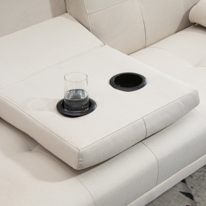 Easycomfort Divano Letto 3 Posti Reclinabile con Rivestimento Effetto Lino e Tavolino a Ribalta, Beige