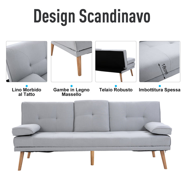 Easycomfort Divano Letto 3 Posti Stile Scandinavo Reclinabile con Tavolino a Ribalta, 181x77x88 cm, Grigio