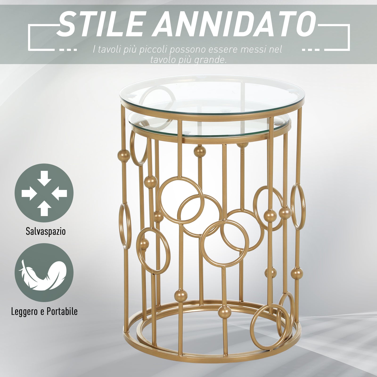 Easycomfort Set 2 Pezzi Tavolini da Caffè Design Elegante con Motivi a Cerchio, Metallo e Vetro Temperato Φ41x57cm & Φ36x51cm, Oro