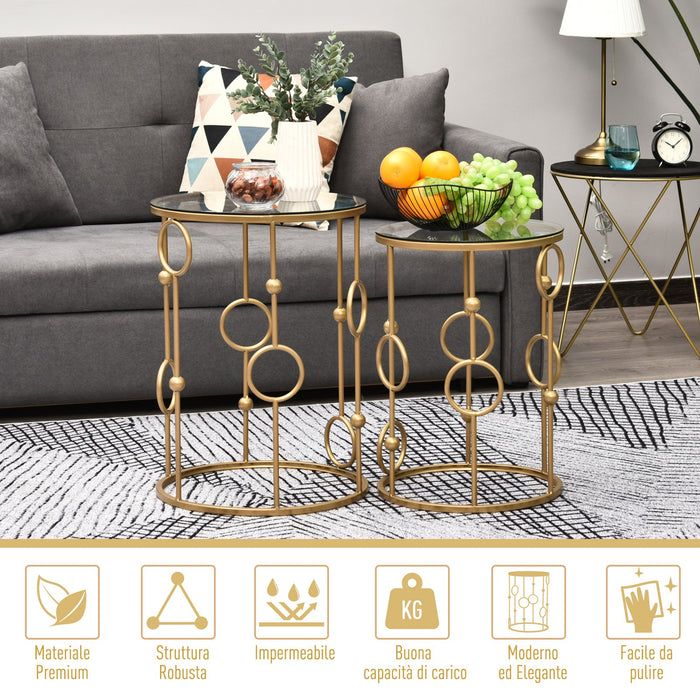 Easycomfort Set 2 Pezzi Tavolini da Caffè Design Elegante con Motivi a Cerchio, Metallo e Vetro Temperato Φ41x57cm & Φ36x51cm, Oro