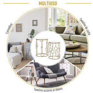 Easycomfort Set 2 Pezzi Tavolini da Caffè Design Elegante con Motivi a Cerchio, Metallo e Vetro Temperato Φ41x57cm & Φ36x51cm, Oro