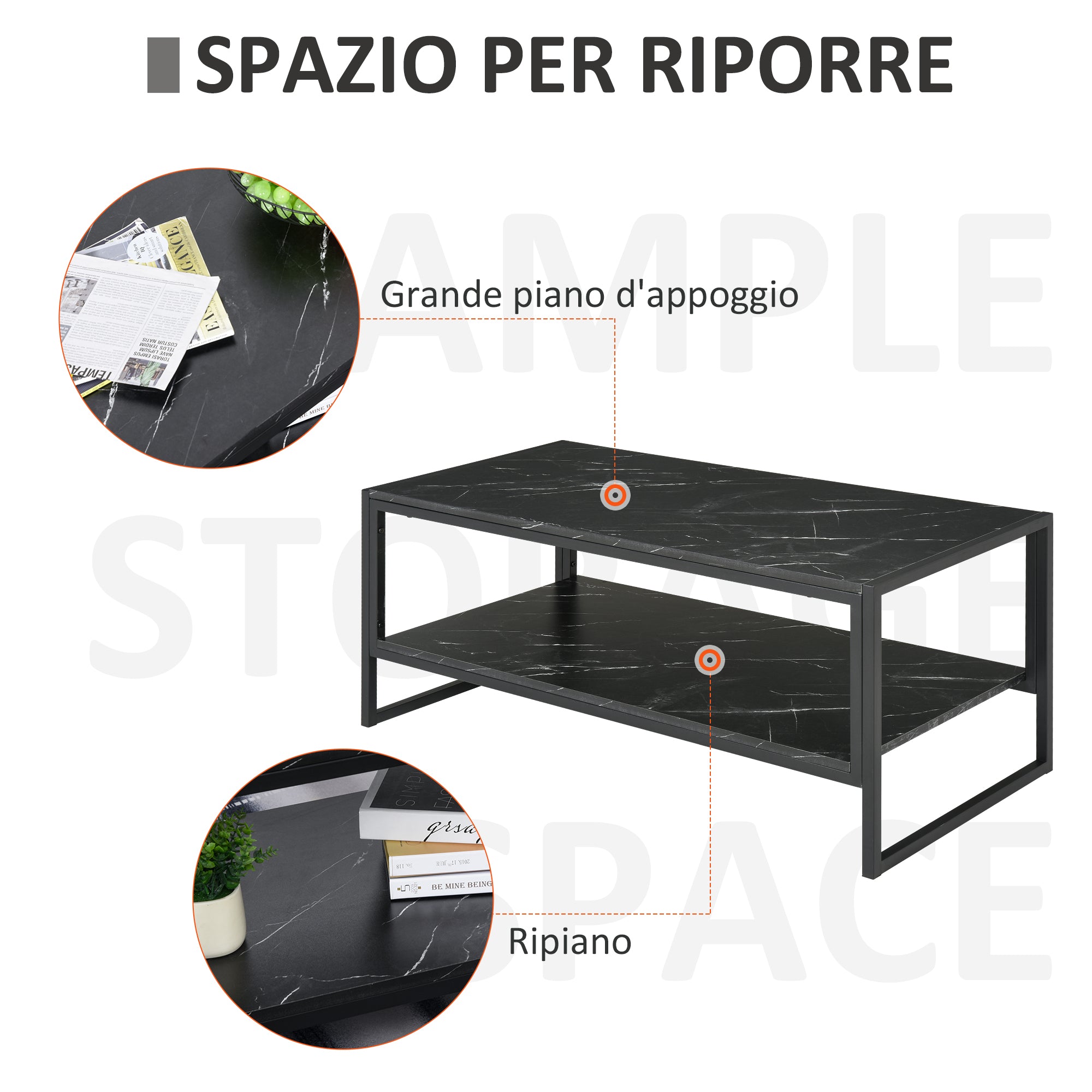 Easycomfort Tavolino da Caffè Nero Effetto Marmo con Ripiano Inferiore, per Soggiorno o Ufficio, 106x50x45cm