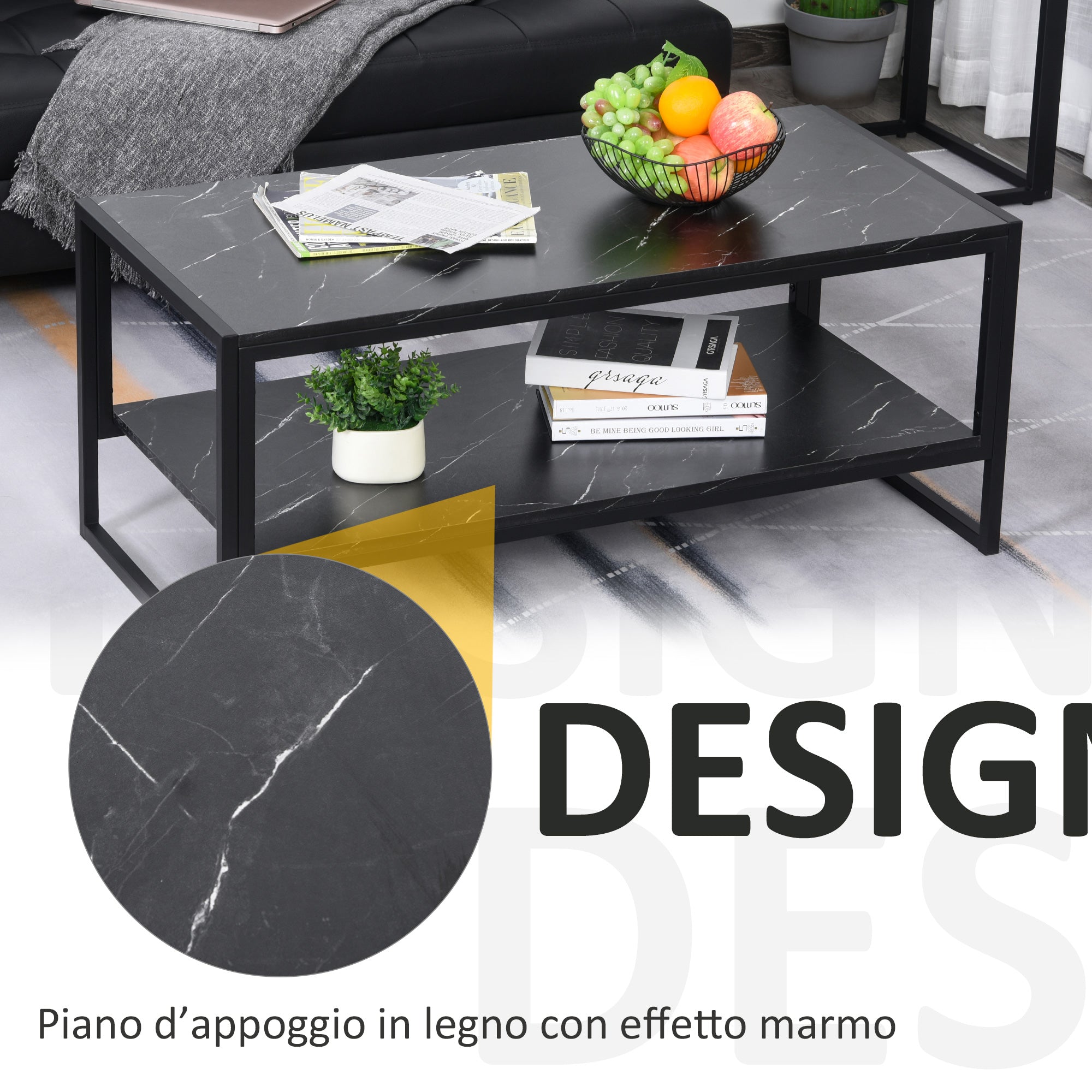 Easycomfort Tavolino da Caffè Nero Effetto Marmo con Ripiano Inferiore, per Soggiorno o Ufficio, 106x50x45cm
