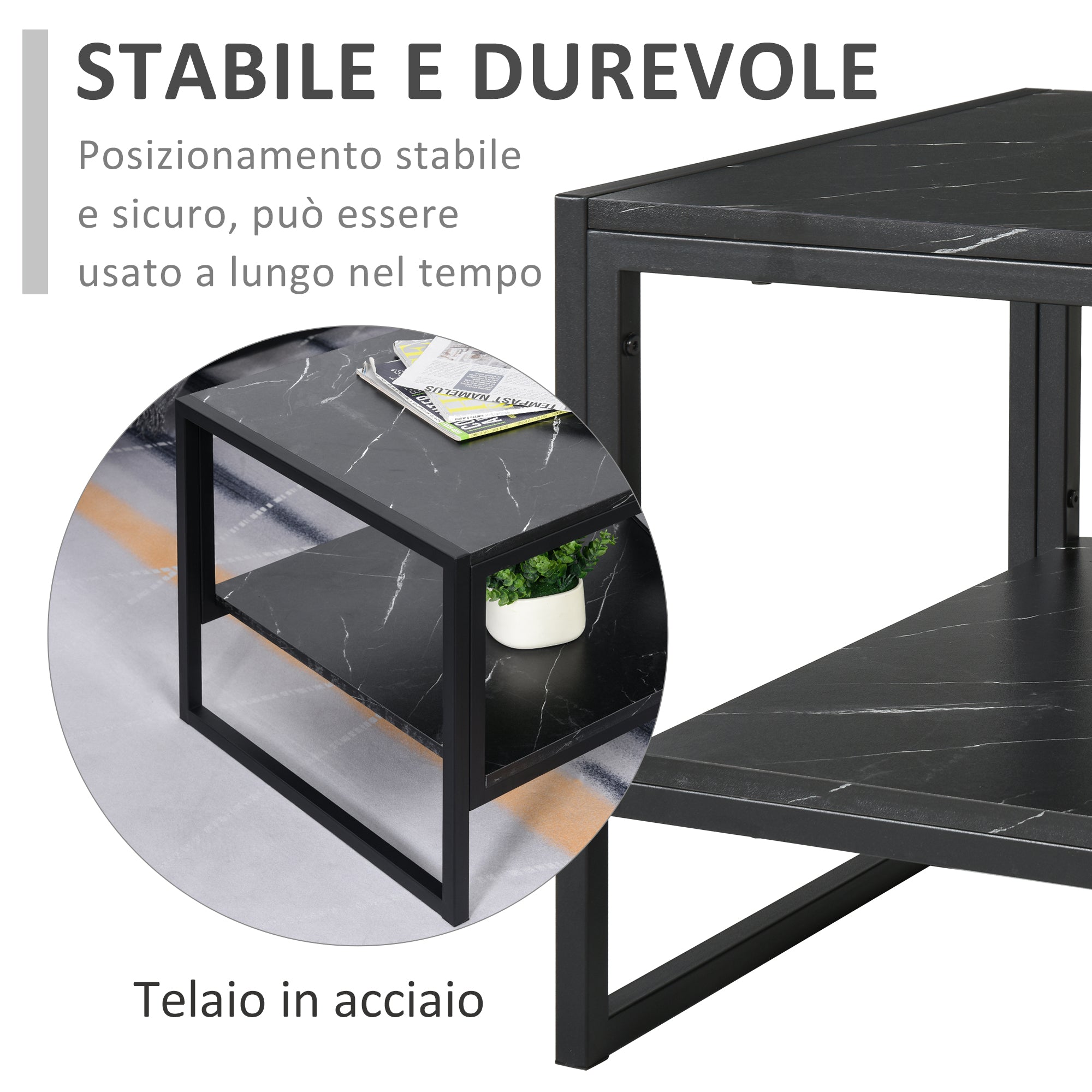 Easycomfort Tavolino da Caffè Nero Effetto Marmo con Ripiano Inferiore, per Soggiorno o Ufficio, 106x50x45cm