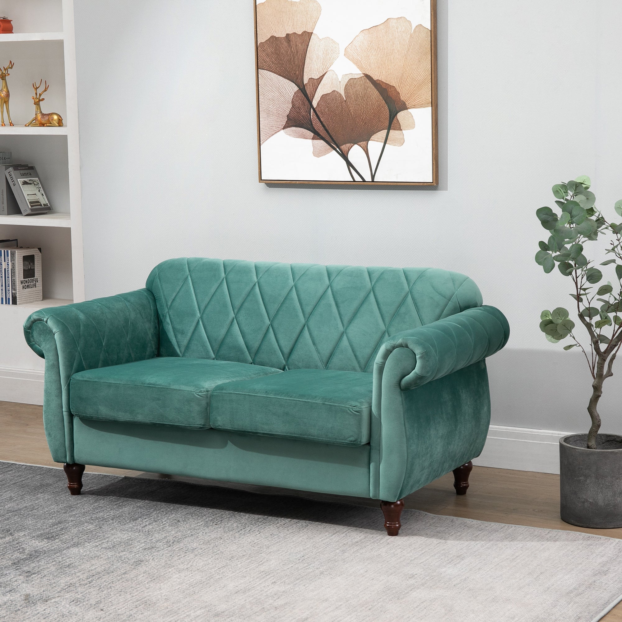 Easycomfort Divano 2 Posti in Legno e Velluto Verde, Spessa Imbottitura, Divano per 2 Persone Design Vintage Rétro, 148 x 72 x 76cm