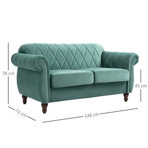 Easycomfort Divano 2 Posti in Legno e Velluto Verde, Spessa Imbottitura, Divano per 2 Persone Design Vintage Rétro, 148 x 72 x 76cm
