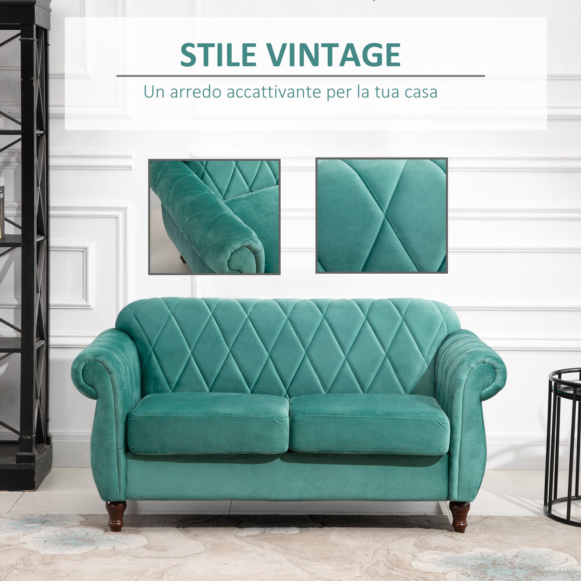 Easycomfort Divano 2 Posti in Legno e Velluto Verde, Spessa Imbottitura, Divano per 2 Persone Design Vintage Rétro, 148 x 72 x 76cm
