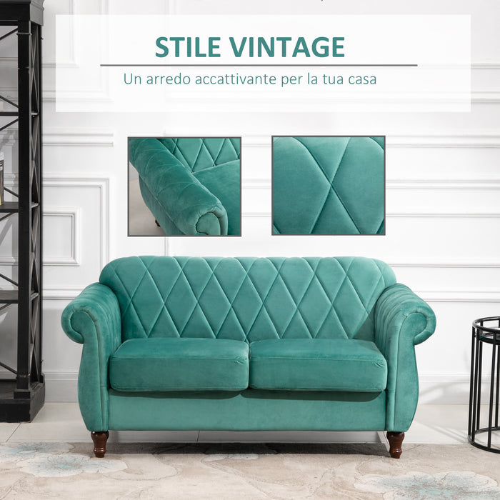 Easycomfort Divano 2 Posti in Legno e Velluto Verde, Spessa Imbottitura, Divano per 2 Persone Design Vintage Rétro, 148 x 72 x 76cm