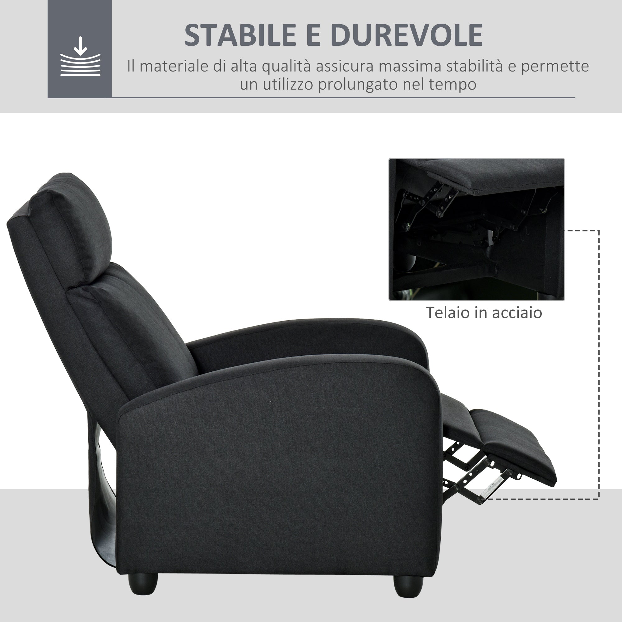 Easycomfort Poltrona Relax Imbottita con Schienale Reclinabile 135° e Poggiapiedi Estraibile, in Lino Nero, 69x87x100.5cm