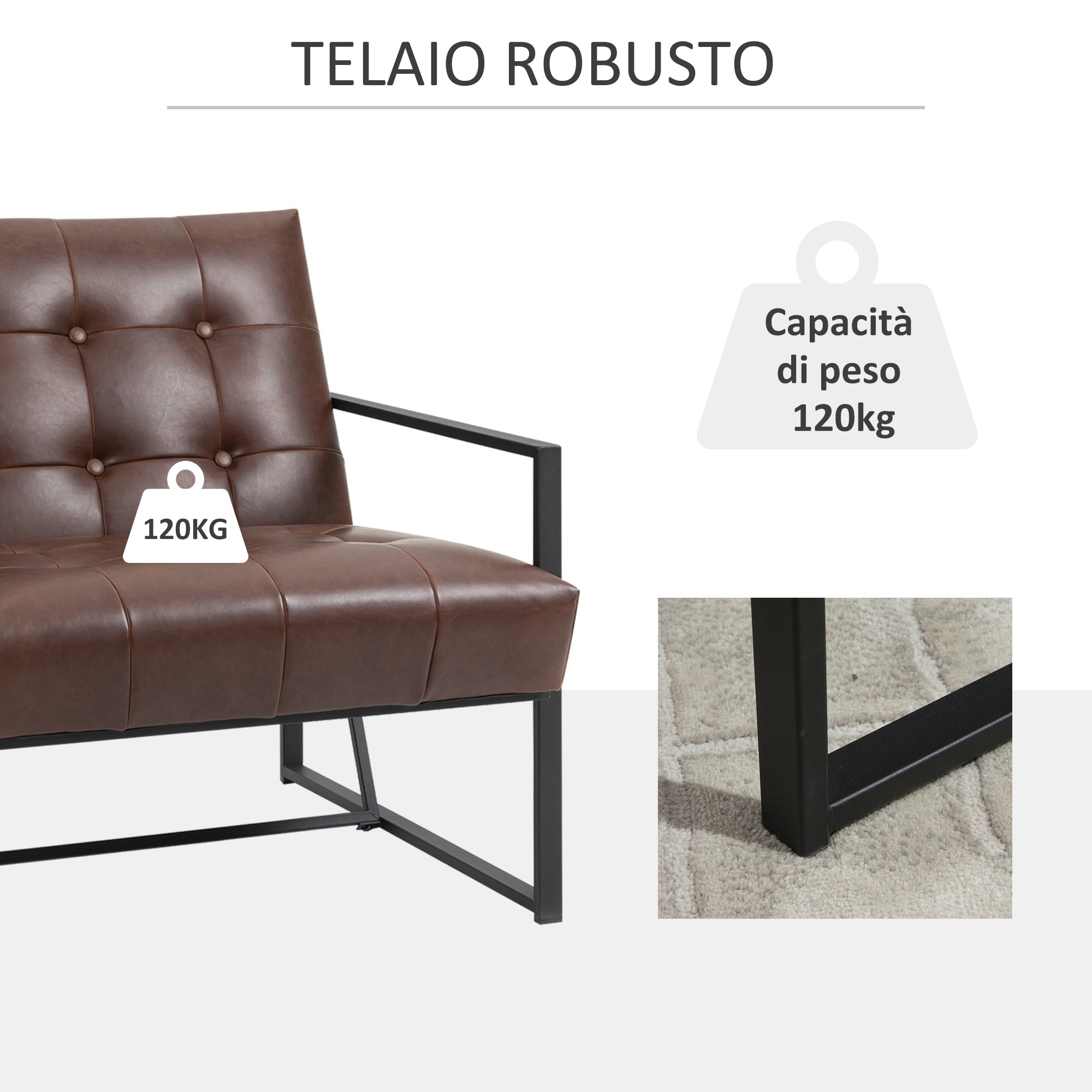 Easycomfort Poltrona Imbottita Stile Industriale Trapuntata a Bottoni, Arredamento Moderno Poltroncina da Ingresso in Metallo e PU, 75x81x78cm Marrone