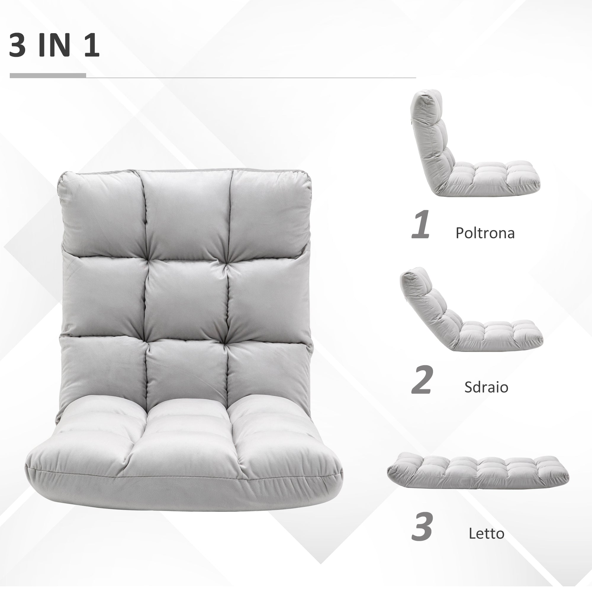 Easycomfort Poltrona Relax da Terra con Schienale Reclinabile fino 180°, 71x55x53.5cm, Grigio Chiaro